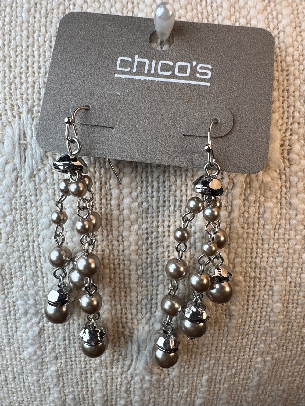 0274-Chico's‎ Metallic Pearl Cascade Drop Earrings - Silver